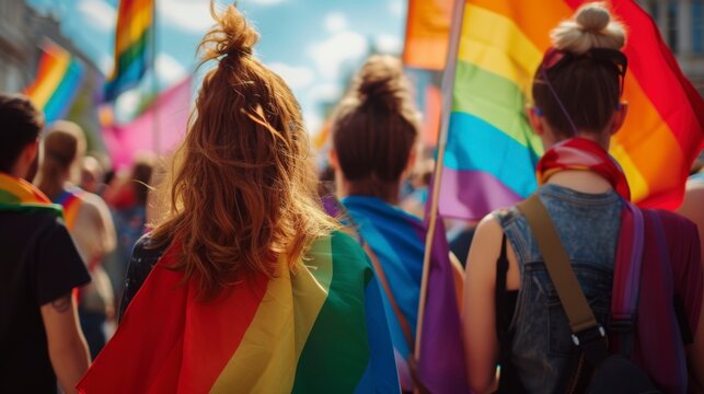 couple of women in an LGBT march with flags representing the group
