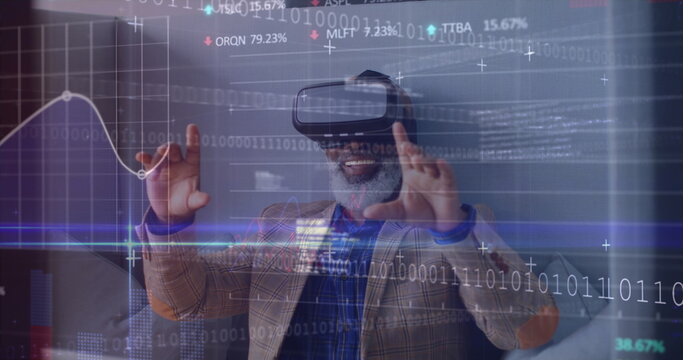 A middle-aged African American male wearing virtual reality headset
