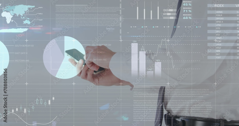 Poster a person holding smartphone, analyzing digital graphs overlaid on image