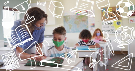 In school, a Caucasian teacher helps a Caucasian male student, while friends watch