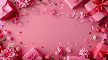 A vibrant pink background adorned with charming gift boxes sets the stage perfect for occasions like Valentine s Day Mother s Day weddings and Women s Day This extra wide panorama banner ba - obrazy, fototapety, plakaty