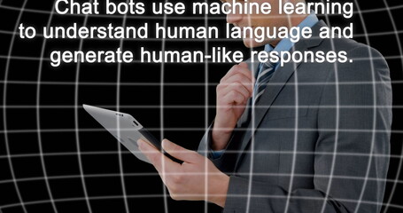 Caucasian young professional holding tablet, reading text