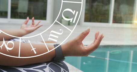 African American yoga practitioner sitting by pool, meditating