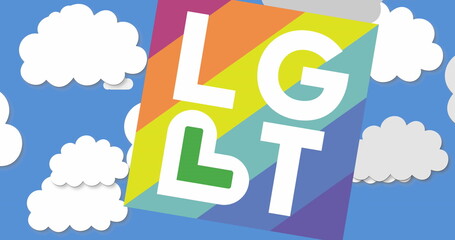 LGBT sign floats in white clouds against a blue sky - obrazy, fototapety, plakaty