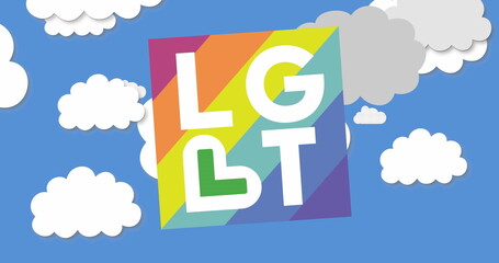 A colorful sign with LGBT letters against blue sky background with white clouds - obrazy, fototapety, plakaty