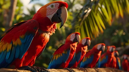Foto op Canvas Tropical Aviary: A Colorful Scene of Parrots Gathered on a Tree Branch, Their Plumage Radiating Vibrant Hues Amidst the Lush Foliage © Huzaifa