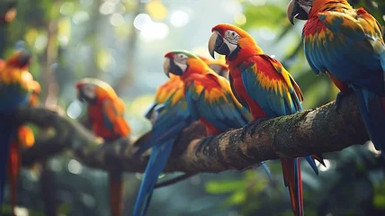 Foto op Canvas Tropical Aviary: A Colorful Scene of Parrots Gathered on a Tree Branch, Their Plumage Radiating Vibrant Hues Amidst the Lush Foliage © Huzaifa