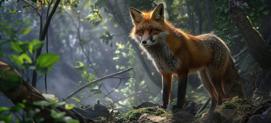 Naklejka premium A red fox standing alert in a dense forest setting