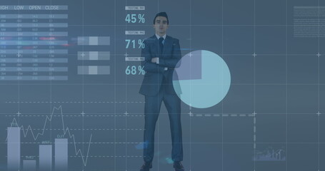 Caucasian male standing in front of digital graphs, looking confident