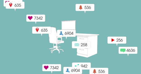 An empty office chair and desk are surrounded by social media icons and numbers
