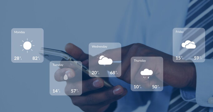 African American professional checking weather forecast on digital interface