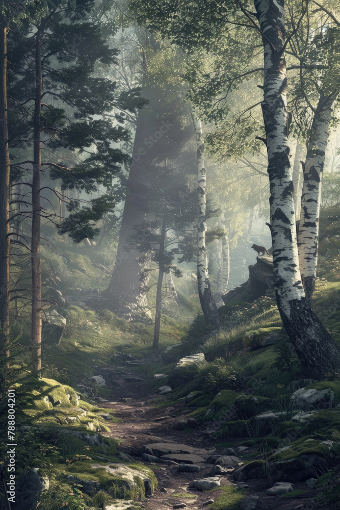 Poster a narrow path winds its way through a dense forest filled with tall trees and lush greenery