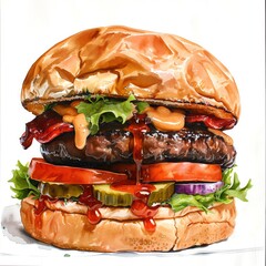 A watercolor painting of a delicious-looking burger with all the fixings. - obrazy, fototapety, plakaty