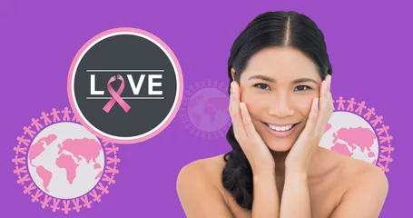 Rolgordijnen Aziatische plekken Asian nurse smiling, surrounded by breast cancer awareness symbols