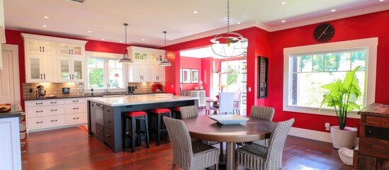 Contemporary kitchen decor featuring red walls and white furnishings