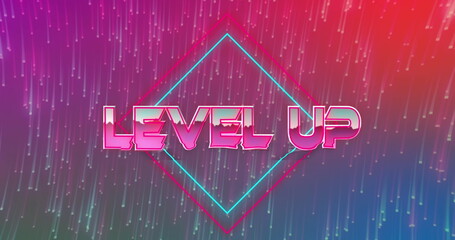 Neon LEVEL UP letters in a diamond on a vibrant background