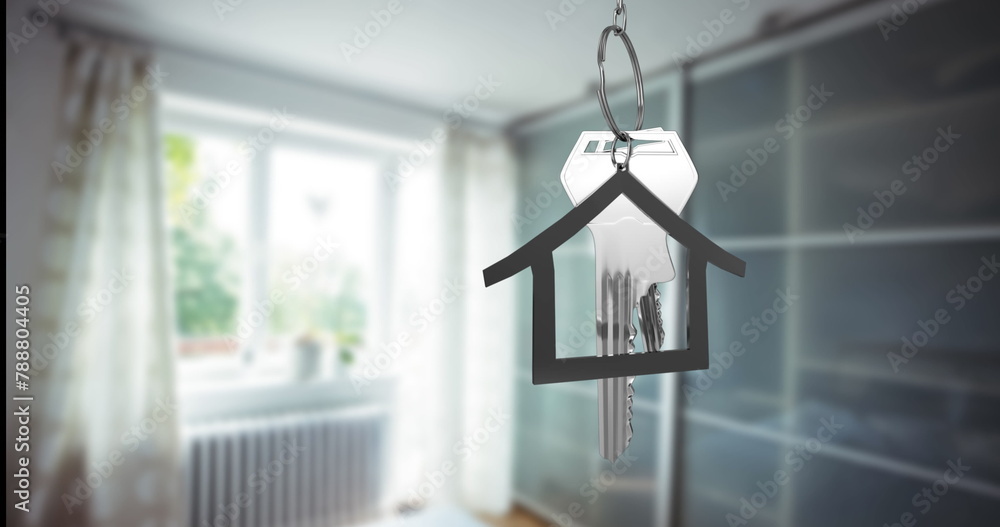 Poster a keychain in shape of house containing keys hanging in focus