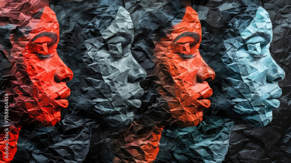 Poster assorted paper faces in various colors and shapes, creatively crafted and arranged