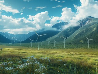 A field of wind turbines is in the background of a mountain range. The turbines are spread out across the field, with some closer to the foreground and others further back - obrazy, fototapety, plakaty