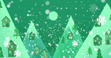 Fototapeta premium Snowflakes are falling over small houses nestled among stylized green mountains