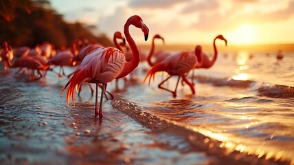 Shallows Ballet: A Flock of Flamingos Wading Through Shallow Waters, Their Graceful Movement Painting the Scene with Elegance - obrazy, fototapety, plakaty