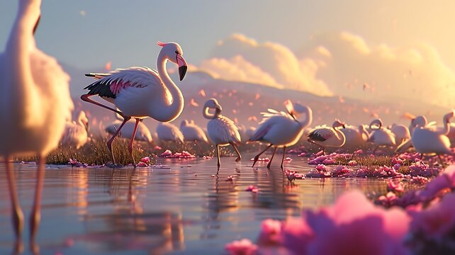Shallows Ballet: A Flock of Flamingos Wading Through Shallow Waters, Their Graceful Movement Painting the Scene with Elegance