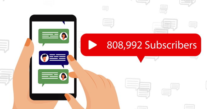 Hands holding smartphone showing subscriber count, messages on screen