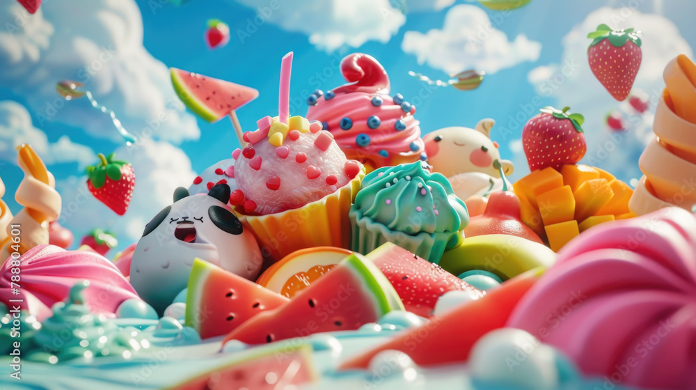 Poster several cupcakes are seen floating in mid-air, creating a whimsical and playful scene