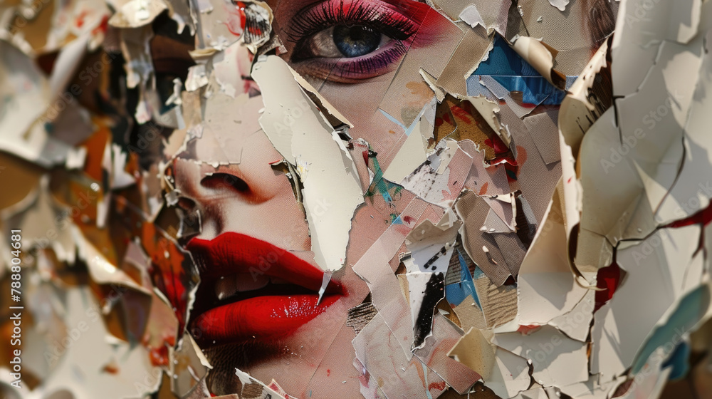 Poster a womans face intricately created using fragmented pieces of paper, forming a unique and abstract co