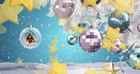 Colorful Christmas ornaments are hanging against festive backdrop