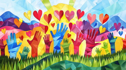 A painting featuring multiple hands with hearts painted on them, symbolizing love and support