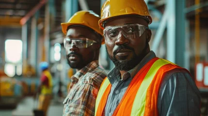 Foto op Canvas Capture the essence of two African American men in a cinematic frame donned in safety vests and helmets exuding professionalism at a factory setting Let their image serve as a beacon of insp © 2rogan