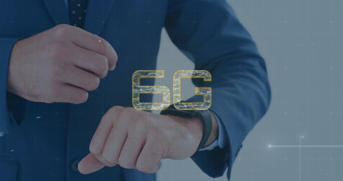 Caucasian male colleague wearing suit, showing a 6G hologram