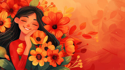 A painting depicting a woman with colorful flowers tucked into her hair, creating a vibrant and captivating visual