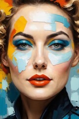 AI generated illustration of a woman with vivid face paint and blue hair