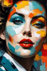 AI generated illustration of a vibrant oil painting of a woman with colorful face paint
