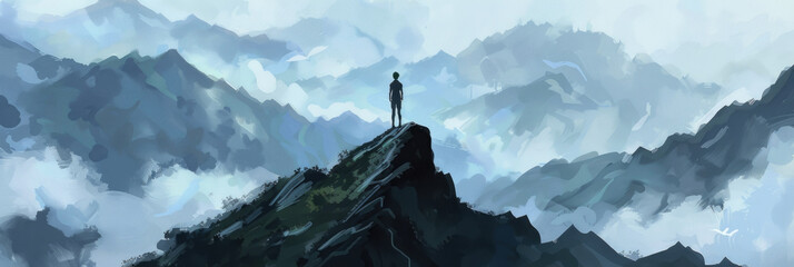 A person standing triumphantly on a mountain peak, overlooking the vast landscape below