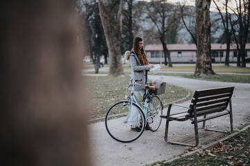 Business lady pauses next to her bicycle in a peaceful park, enjoying a moment of leisure outdoors.