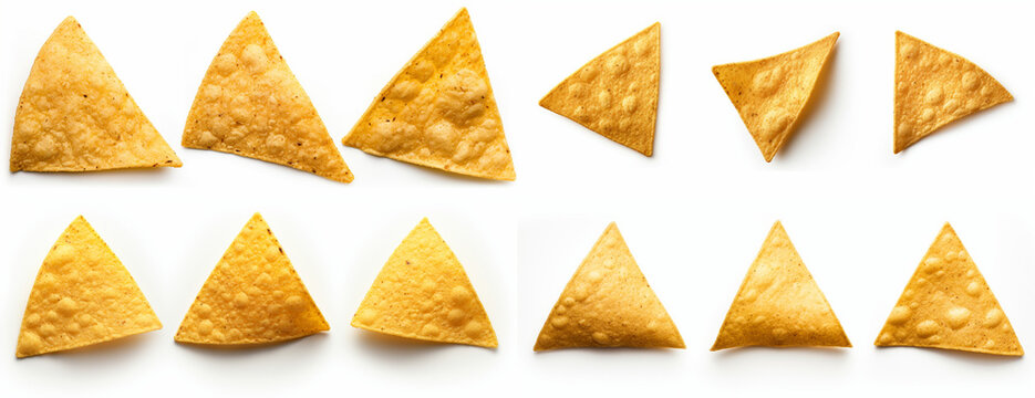 Triangular Golden Mexican Tortilla Chips Isolated On A White Background,  Generative AI