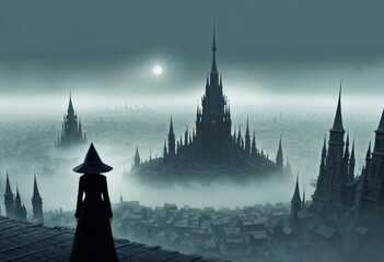 AI generated illustration of a wizard in black gazing at a massive castle under the night sky - obrazy, fototapety, plakaty