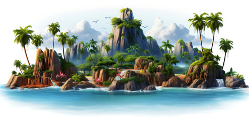 set of different tropical islands with palm trees, mountains and clouds, white background,  generative AI