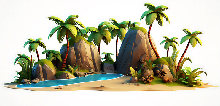set of different tropical islands with palm trees, mountains and clouds, white background,  generative AI