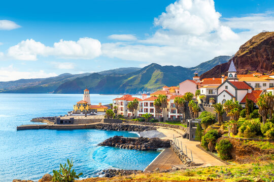 View of the small village of Canical and Marina da Quinta Grande, near Ponta de Sao Lourenco. Madeira Island, Portugal
