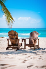 Fototapeta premium A pair of wooden lounge chairs facing the calm, turquoise sea on a pristine white sand beach under a clear blue sky - Generative AI