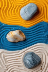 AI generated illustration of a zen rock garden with vibrant colors, and raked sands
