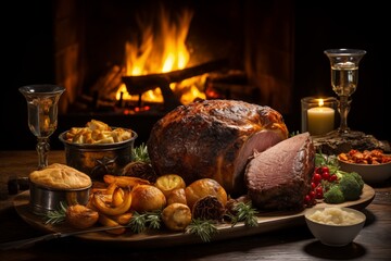 Christmas Dinner with log fire