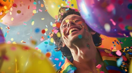 gay man celebrating at a party smiling and LGBT colors