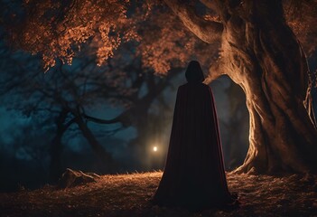 AI generated illustration of a mysterious figure in cloak and hood near tree at night - obrazy, fototapety, plakaty