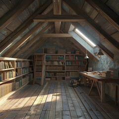 Obraz premium interior, attic, room, architecture, floor, stairs, window, old, corridor, wall, building, wood, house, empty, home, light, design, wooden, dark, staircase, indoor, inside, nobody, hall, hallway, door