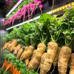 Efficient urban farming with vertical stacks and LED lights, showing a section of root vegetables, minimalistic style--ar 3:2